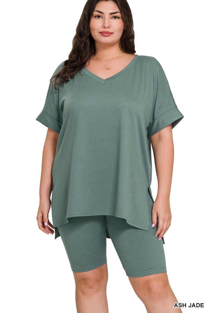 SI-19985 Plus size Hi Low Hem Top & Biker Shorts 2pc Set: +ASHGREY-139919 / 1X