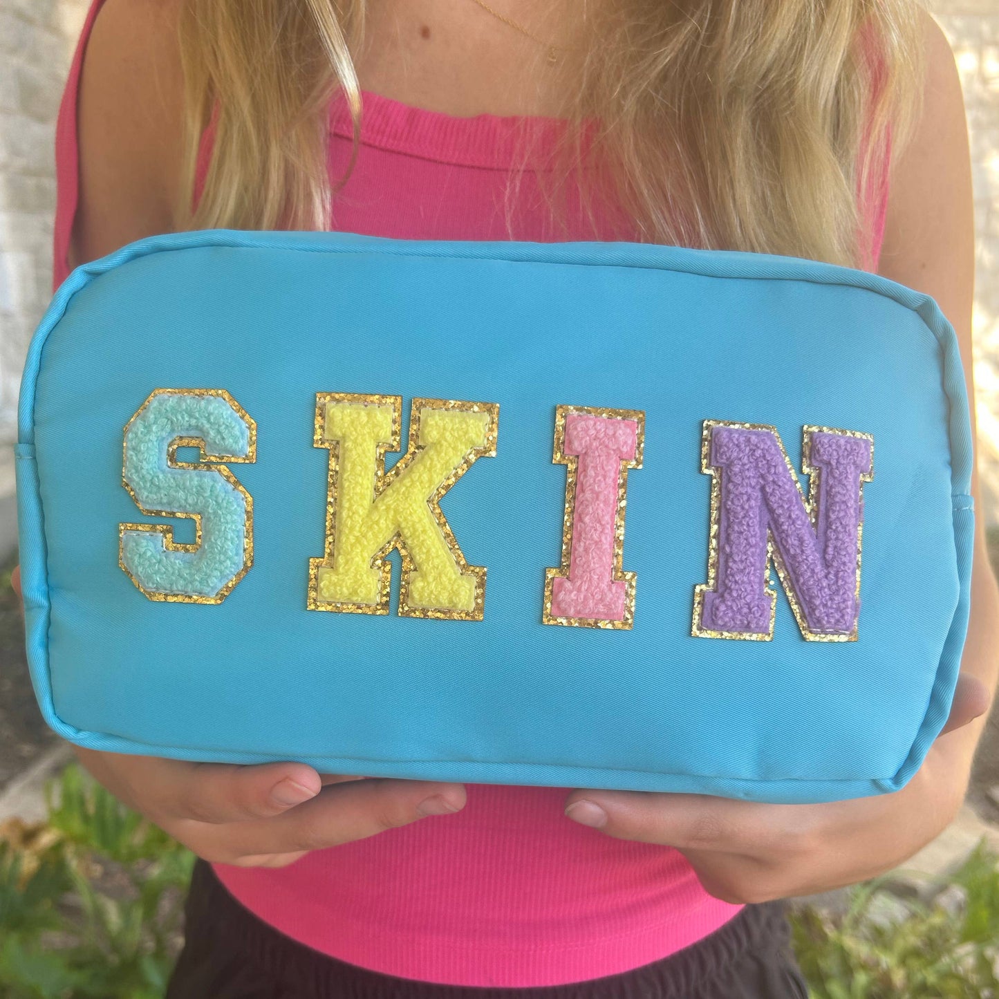 Cosmetic or Toiletry Bag with Varsity Letter Patches: Light Blue with SKIN