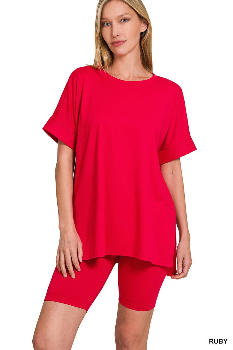 `.Microfiber Top & Biker Shorts 2 Pc Set: CORAL-184059 / M