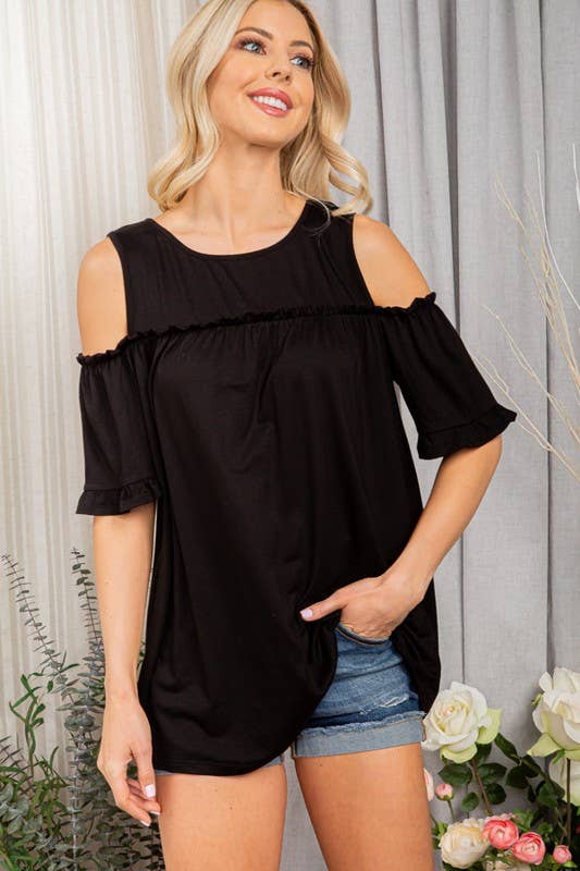 ET6112S COLD SHOULDER SOLID TOP WITH RUFFLED: NEON PINK / 2-2-2 (S-M-L)