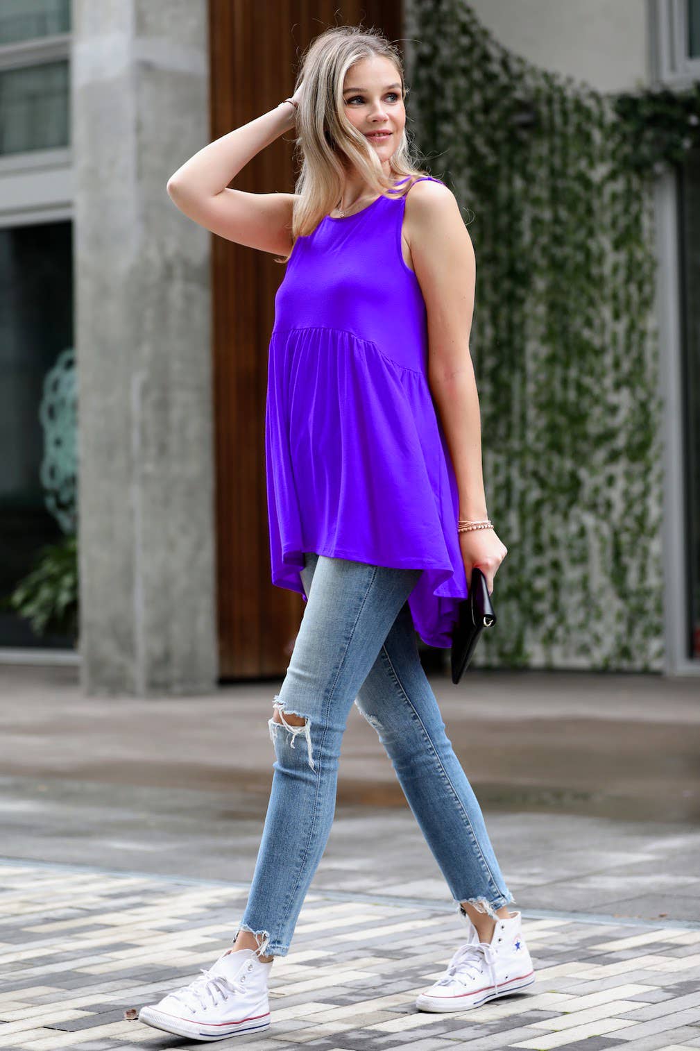 ,.._ SI-15995 Sleeveless Waist Shirring Tunic: BLUEGREY-85889 / S
