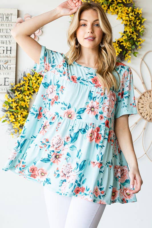 ET7279-10  FLORAL TIERED TOP: MINT / 2-2-2 (S-M-L)