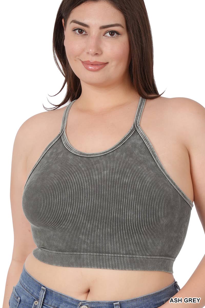 ",,..._ PLUS SIZE Vintage wash Seamless Crop Tank: NCORALFUCHSIA-132537 / 2X/3X