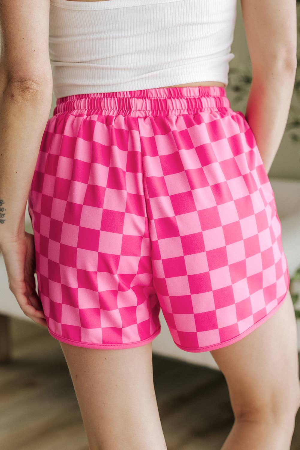 Checkered Drawstring Elastic Waist Casual Shorts: Black / XL