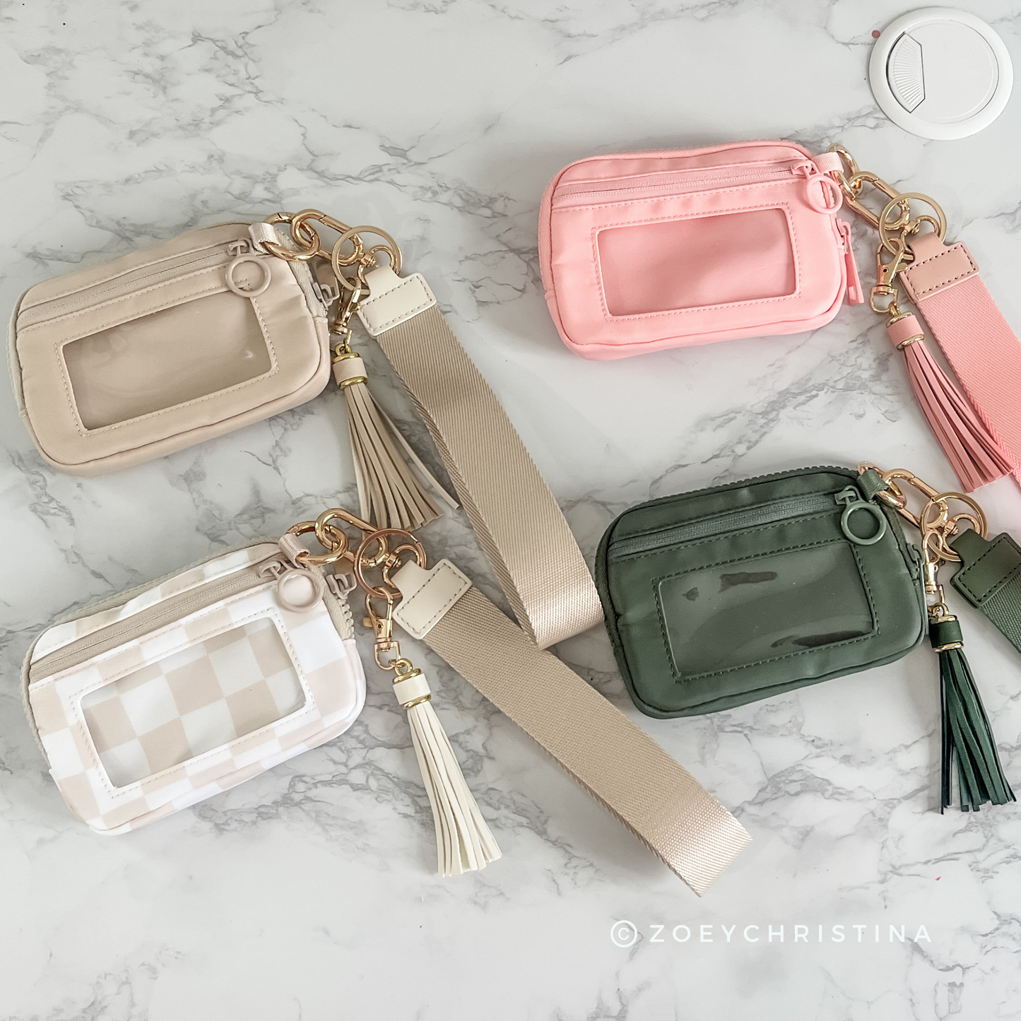 Tassel Zipper Wristlet Wallet with Clear ID Slot – 4 Colors: Beige Check