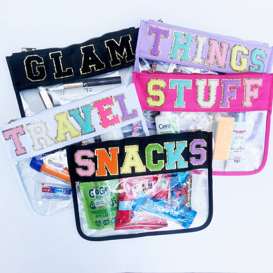 Varsity Letter Patch Clear Zippered Pouch Bag: Purple with THINGS