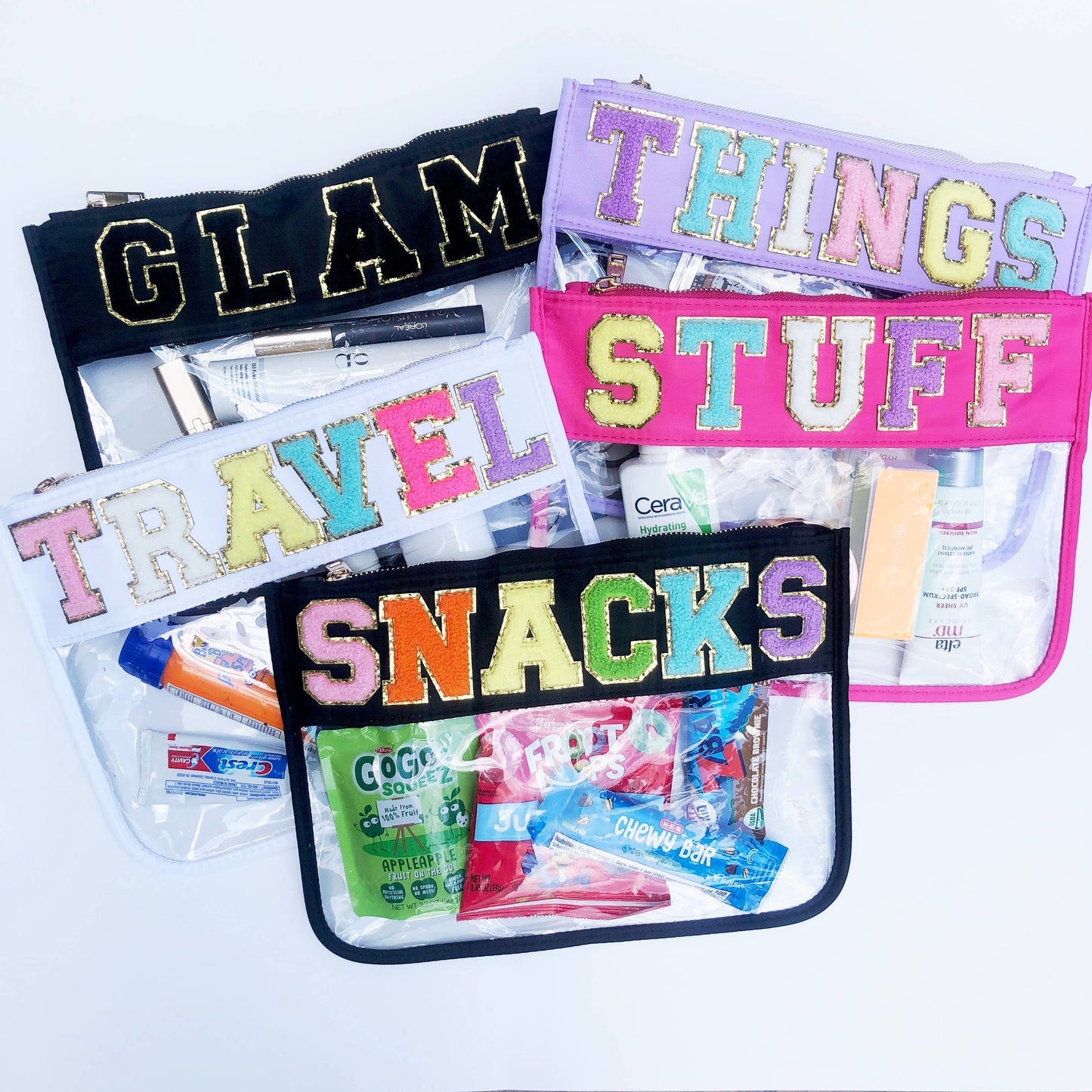 Varsity Letter Patch Clear Zippered Pouch Bag: White with TRAVEL