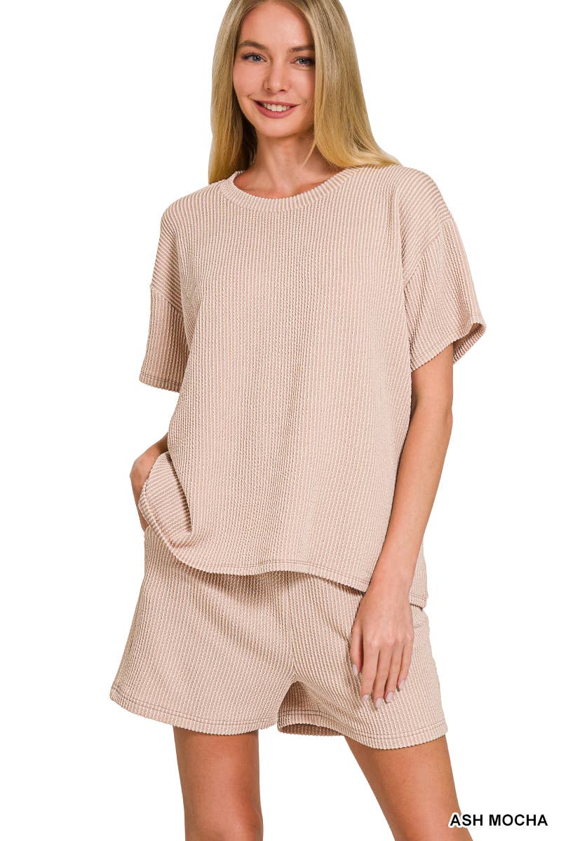 `.Corded Rib Short Sleeve Tee & Short Pants 2PC Set: DUSTY BLUE-183672 / M