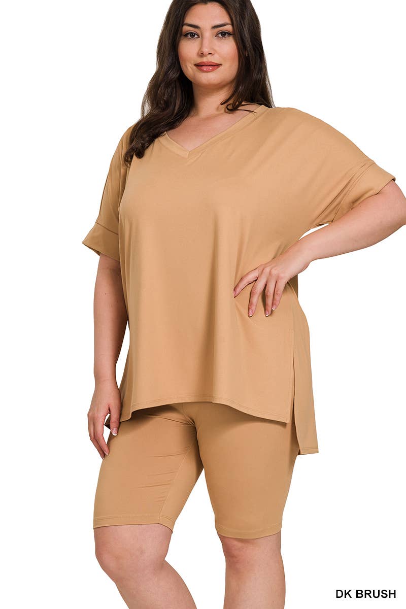 SI-19985 Plus size Hi Low Hem Top & Biker Shorts 2pc Set: +ASHGREY-139919 / 1X