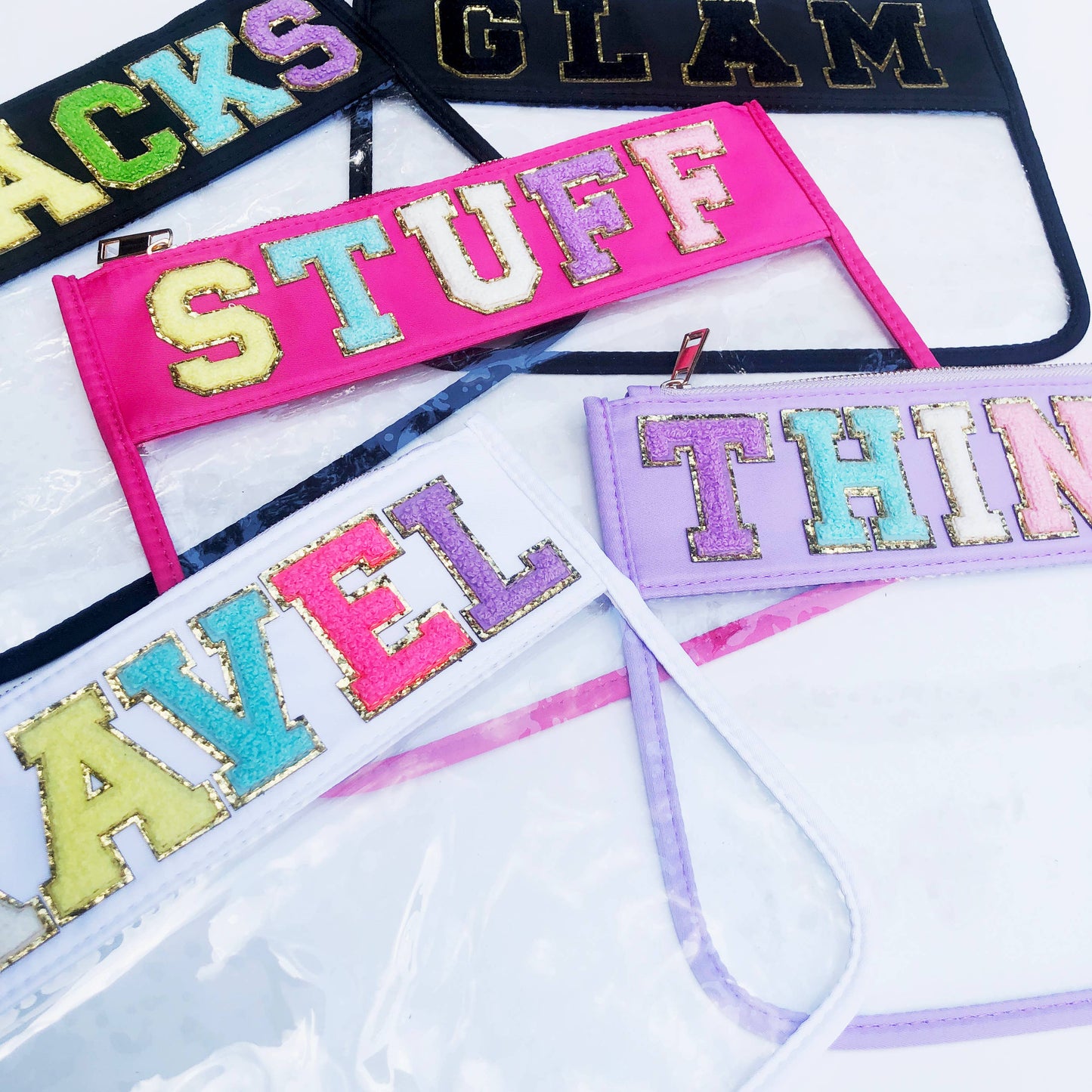 Varsity Letter Patch Clear Zippered Pouch Bag: White with TRAVEL