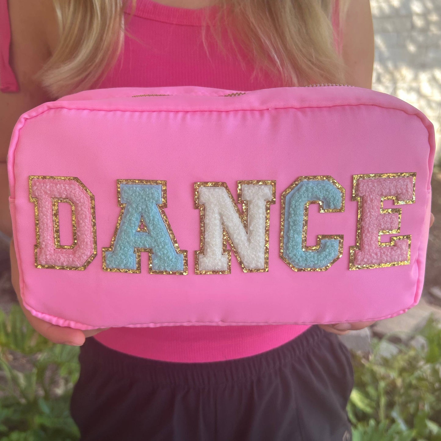 Cosmetic or Toiletry Bag with Varsity Letter Patches: Dark Pink with 3 smile patches