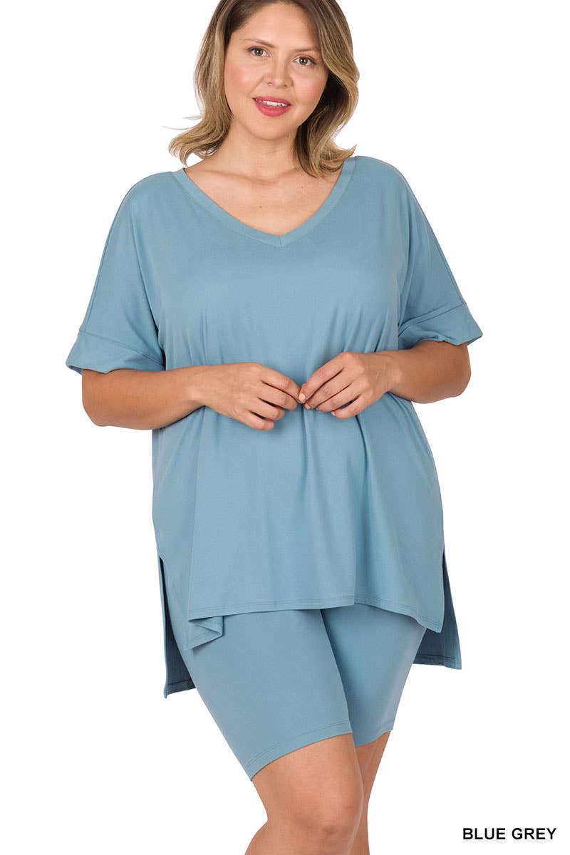 SI-19985 Plus size Hi Low Hem Top & Biker Shorts 2pc Set: +ASHGREY-139919 / 2X