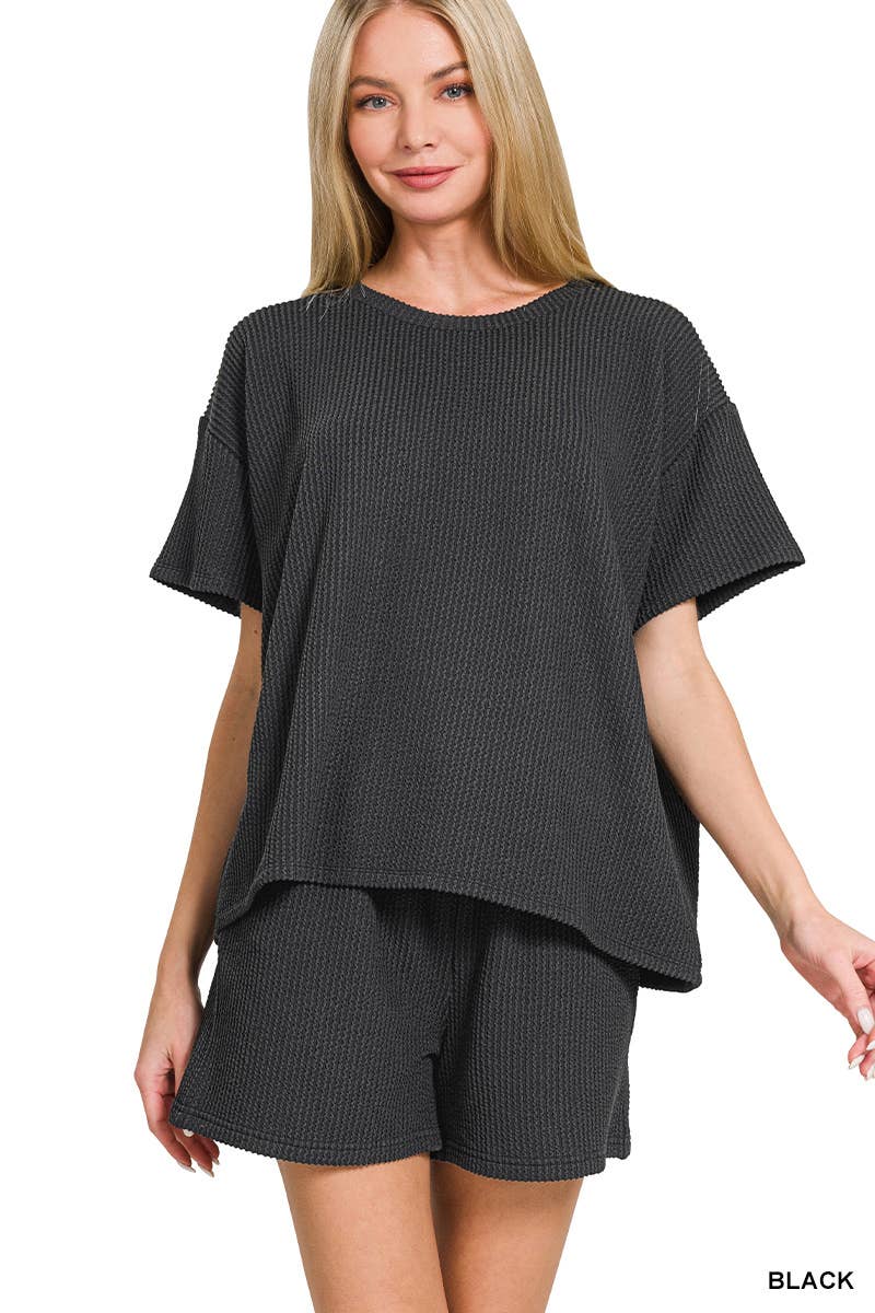 `.Corded Rib Short Sleeve Tee & Short Pants 2PC Set: DUSTY BLUE-183672 / XL