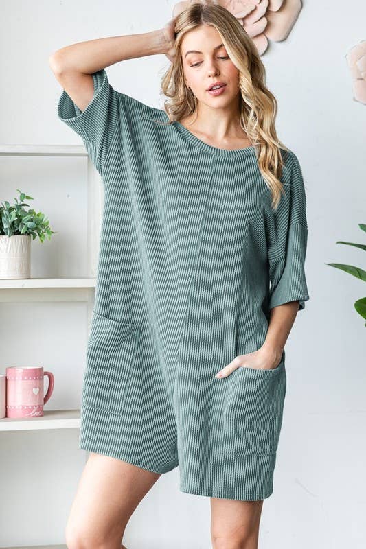 EP6832-10 SHORT SLEEVE SOLID URBAN RIBBED ROMPER: SAGE / 2-2-2 (1X-2X-3X)