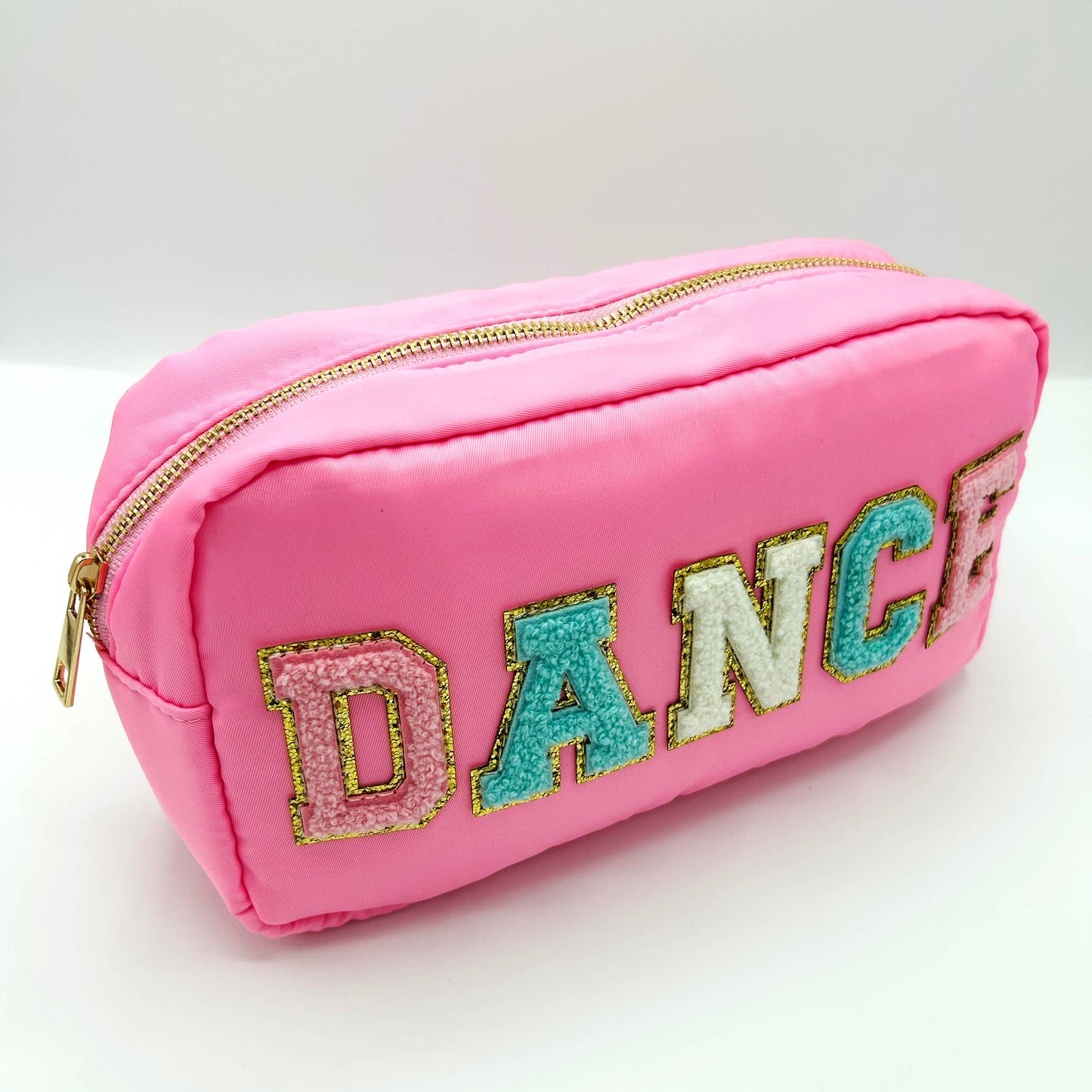 Cosmetic or Toiletry Bag with Varsity Letter Patches: Dark Pink with 3 smile patches