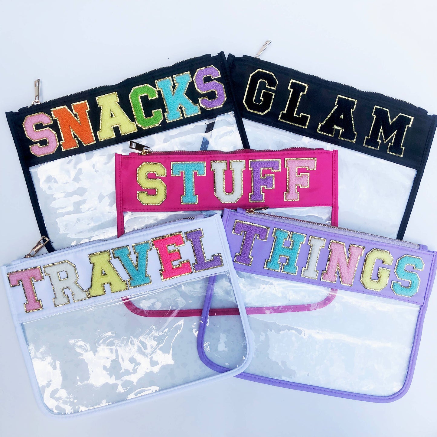Varsity Letter Patch Clear Zippered Pouch Bag: Purple with THINGS