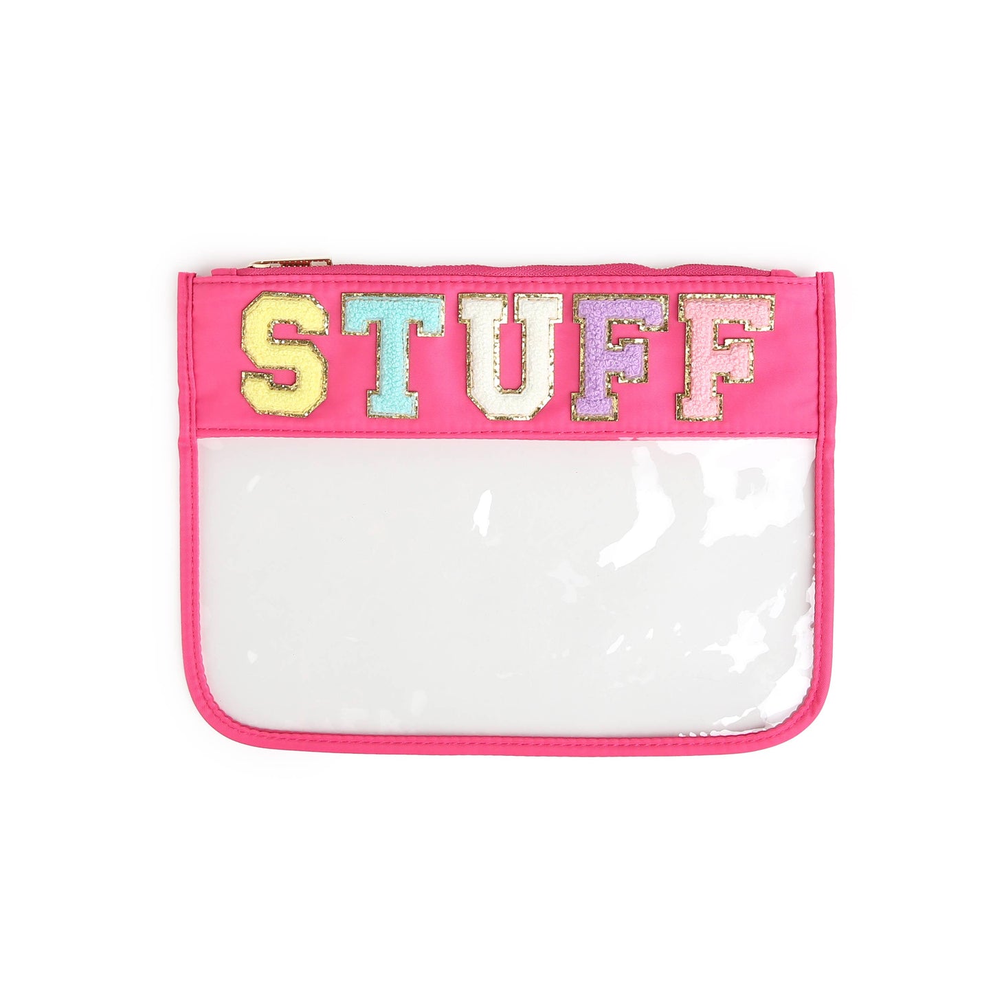 Varsity Letter Patch Clear Zippered Pouch Bag: Purple with THINGS