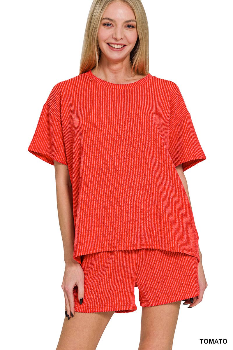 `.Corded Rib Short Sleeve Tee & Short Pants 2PC Set: DUSTY BLUE-183672 / XL