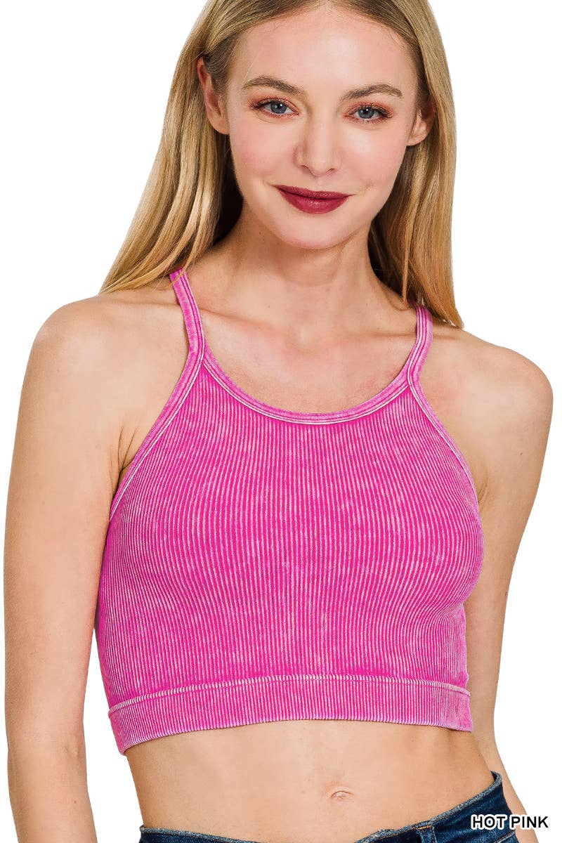 ",,,,,.Premium Washed Seamless Halter Racerback Crop Tank: HOT PINK-180307 / L/XL