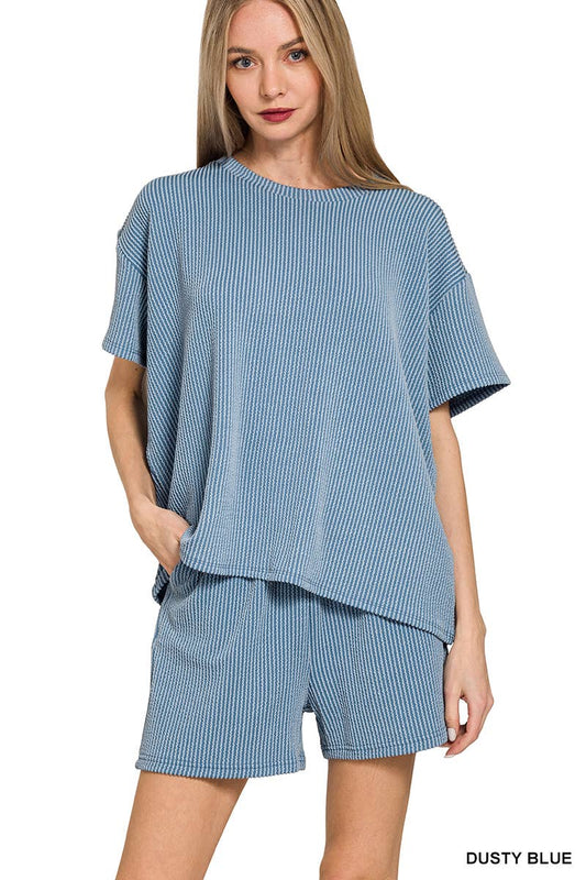 `.Corded Rib Short Sleeve Tee & Short Pants 2PC Set: DUSTY BLUE-183672 / XL