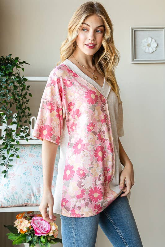 ET7547-12 SOLID AND FLORAL TOP: PEACH / 2-2-2 (1X-2X-3X)