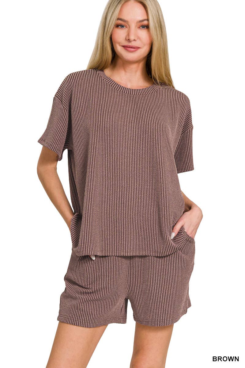 `.Corded Rib Short Sleeve Tee & Short Pants 2PC Set: DUSTY BLUE-183672 / L