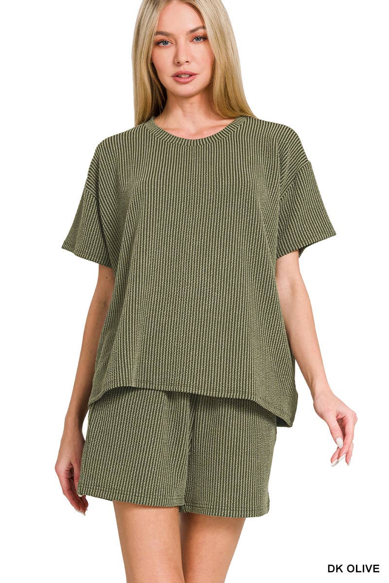 `.Corded Rib Short Sleeve Tee & Short Pants 2PC Set: DUSTY BLUE-183672 / L
