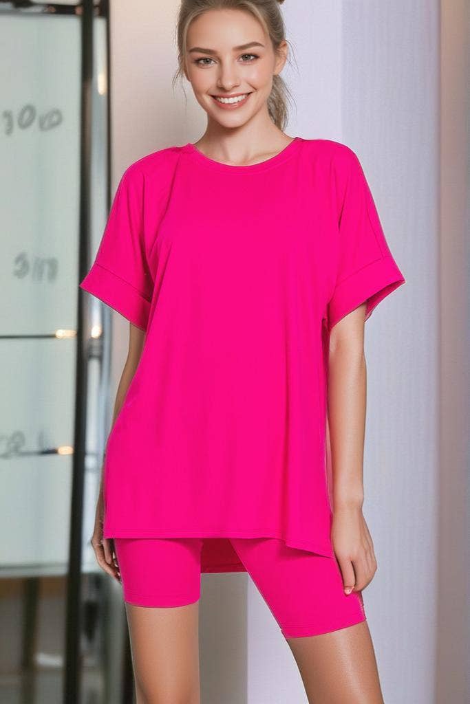 `.Microfiber Top & Biker Shorts 2 Pc Set: CORAL-184059 / L