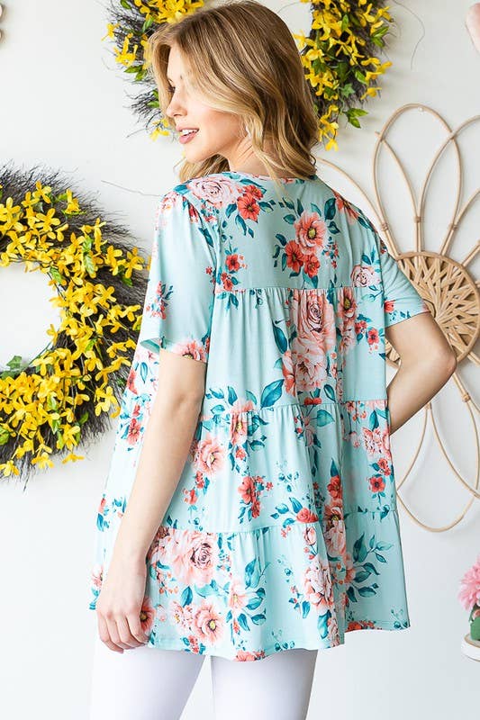 ET7279-10  FLORAL TIERED TOP: MINT / 2-2-2 (S-M-L)