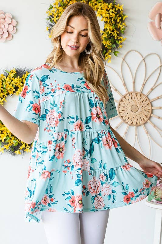 ET7279-10  FLORAL TIERED TOP: MINT / 2-2-2 (S-M-L)