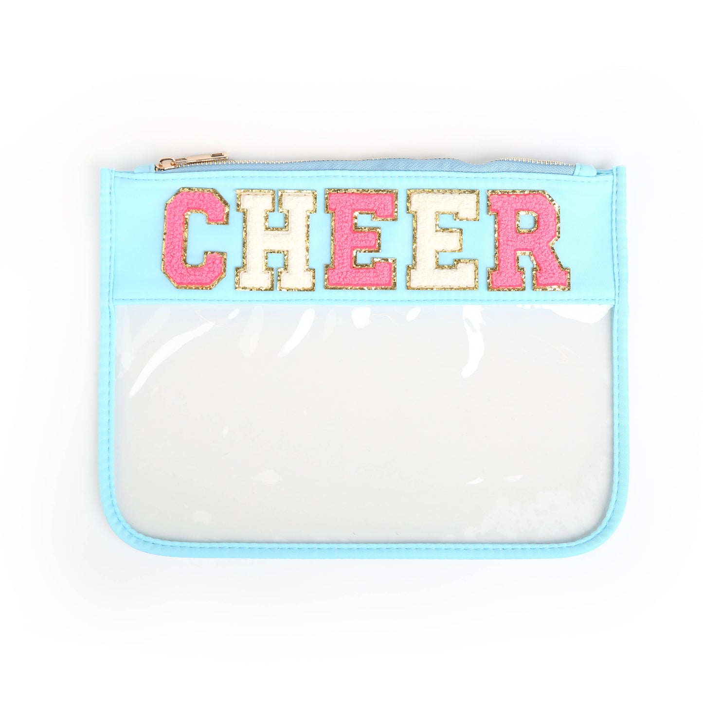 Varsity Letter Patch Clear Zippered Pouch Bag: Purple with THINGS