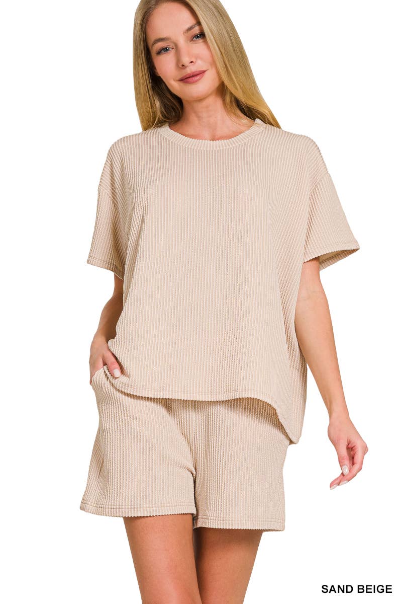 `.Corded Rib Short Sleeve Tee & Short Pants 2PC Set: DUSTY BLUE-183672 / S