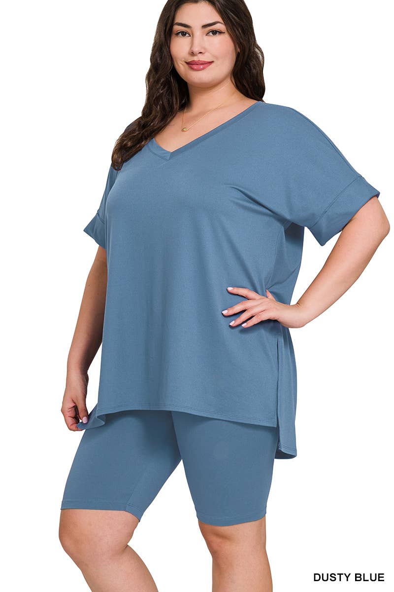 SI-19985 Plus size Hi Low Hem Top & Biker Shorts 2pc Set: +ASHGREY-139919 / 2X