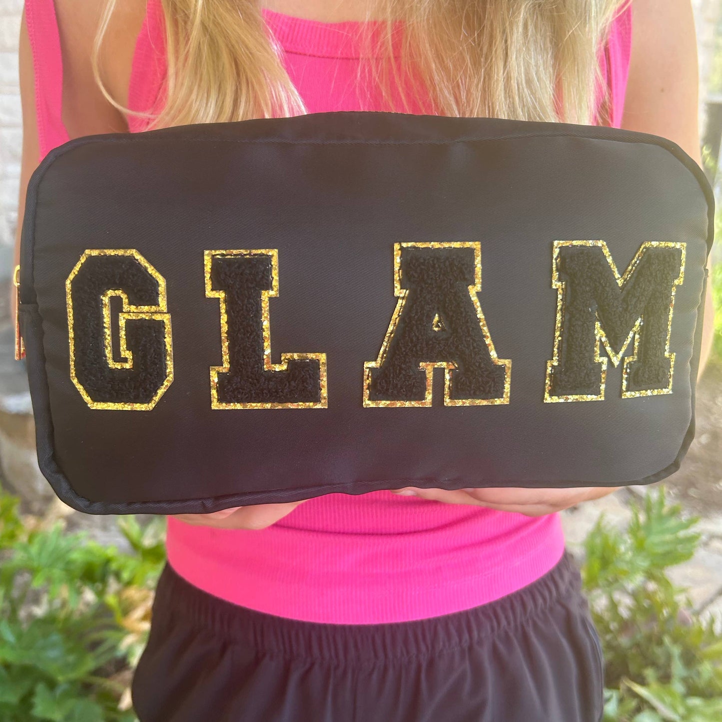 Cosmetic or Toiletry Bag with Varsity Letter Patches: Dark Pink with 3 smile patches
