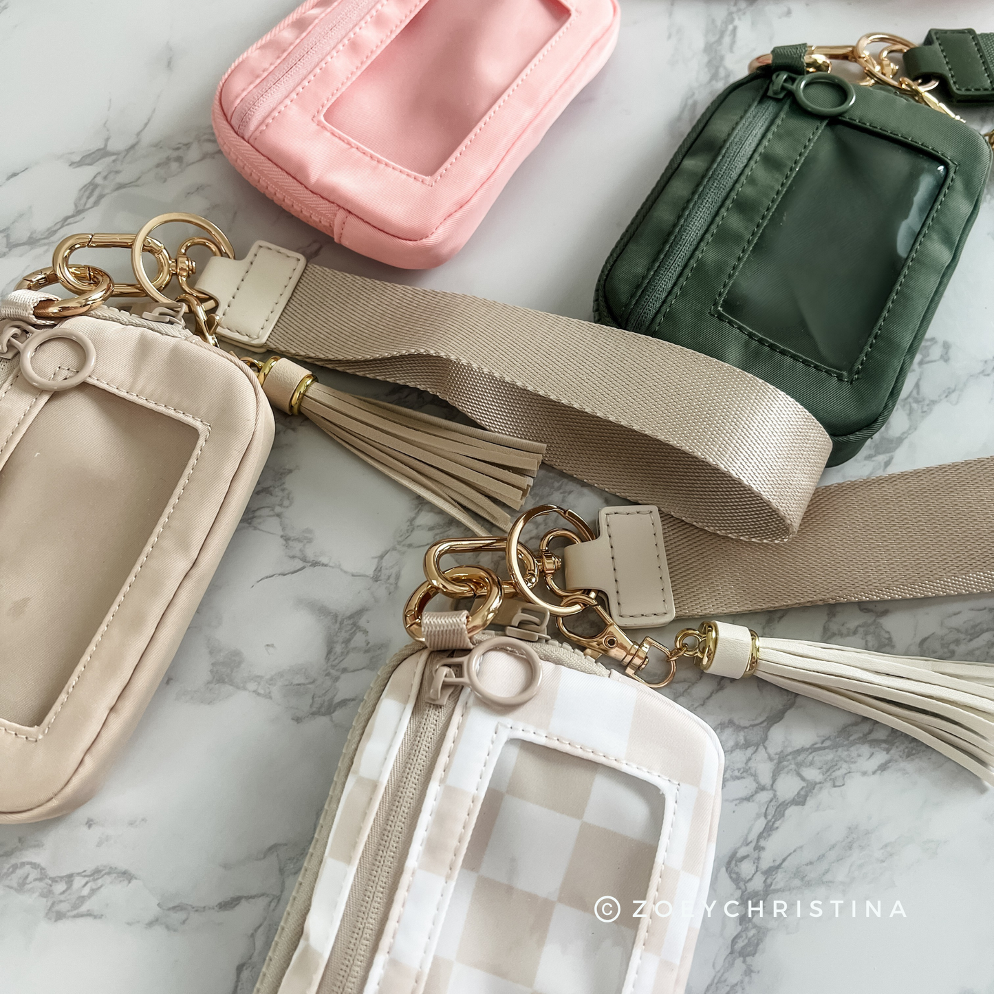 Tassel Zipper Wristlet Wallet with Clear ID Slot – 4 Colors: Beige Check