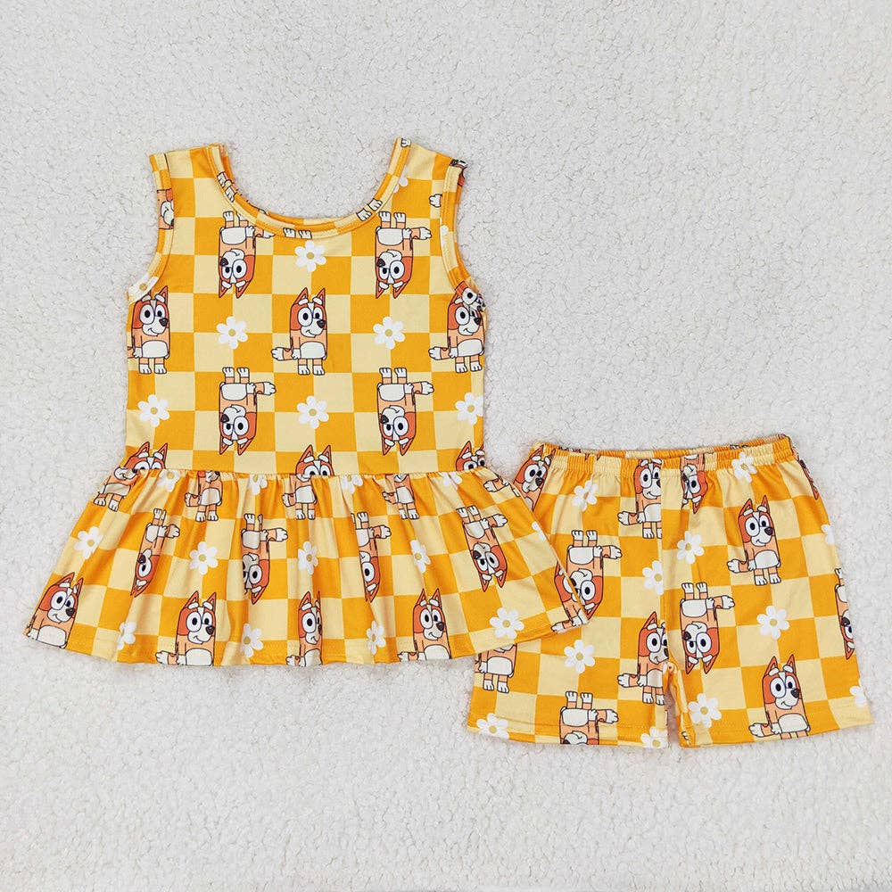 Sibling Baby Girls Dogs Flowers Tunic Top Shorts Clothes Sets: Yellow / 4T