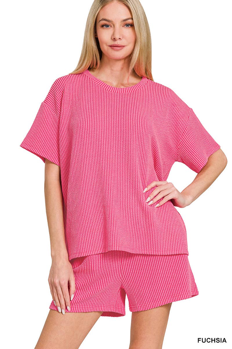 `.Corded Rib Short Sleeve Tee & Short Pants 2PC Set: DUSTY BLUE-183672 / M