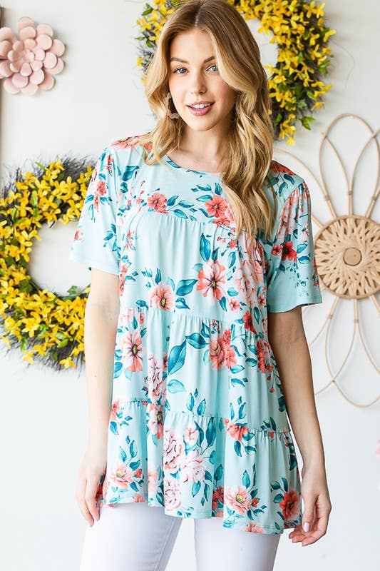 ET7279-10  FLORAL TIERED TOP: MINT / 2-2-2 (S-M-L)