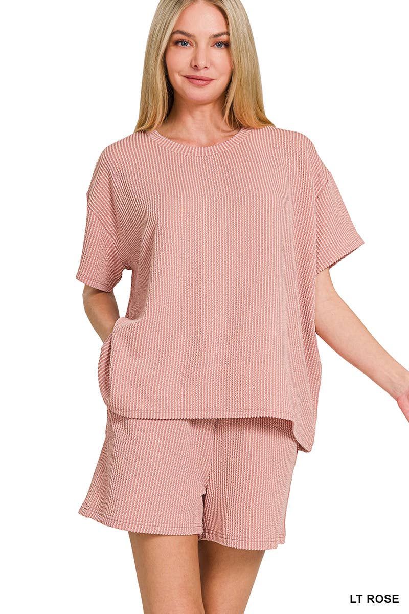 `.Corded Rib Short Sleeve Tee & Short Pants 2PC Set: DUSTY BLUE-183672 / L