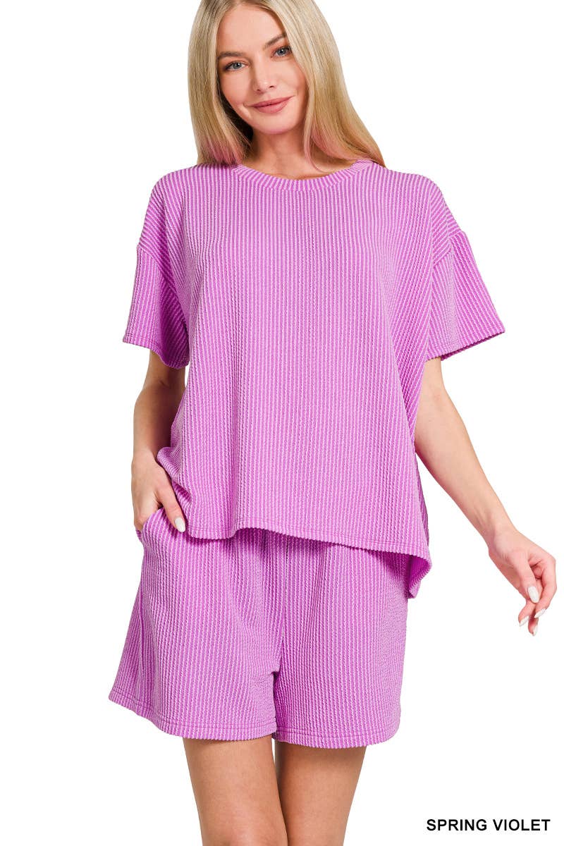 `.Corded Rib Short Sleeve Tee & Short Pants 2PC Set: DUSTY BLUE-183672 / M
